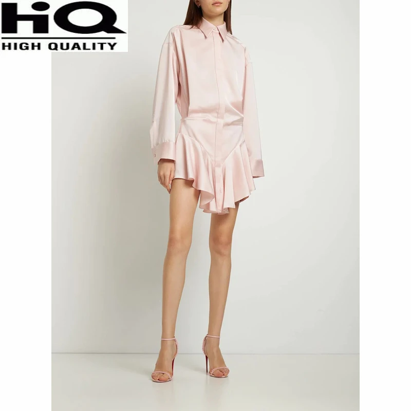 

Women Luxury Fashion Hidden Breasted Long Sleeve Collect Waist Draped Ruffled Shirt Dress