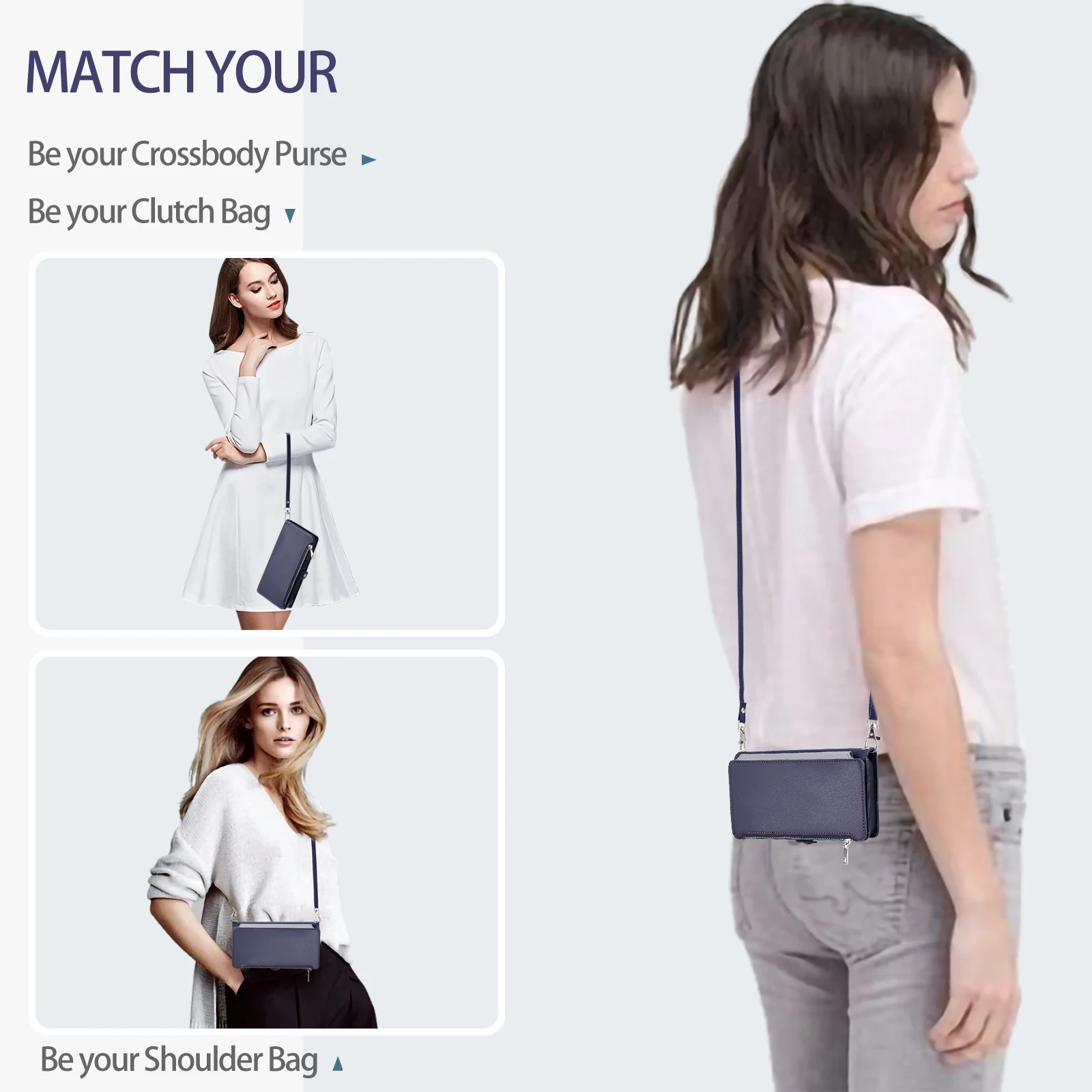 Crossbody Zipper Wallet Case with Multi Card Slots and Leather Lanyard Flip Cover