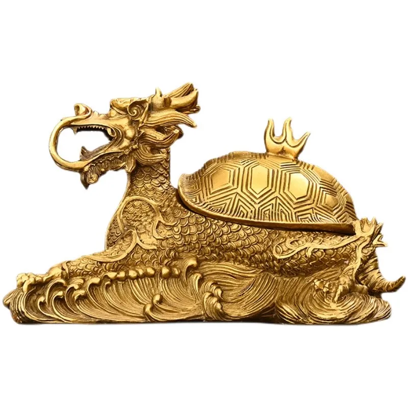 Large Brass Dragon Turtle Statue - Openable Feng Shui Wealth Tortoise Sculpture, Solid Copper Lucky Decor for Home/Office Desk,