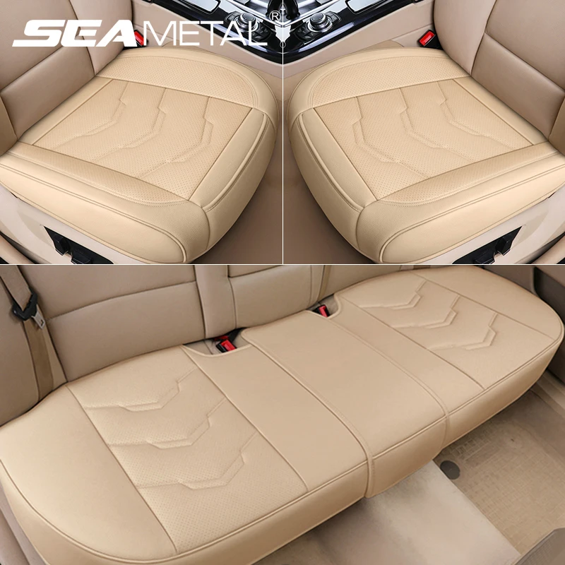 Beige Luxury PU Leather Car Seat Covers Full Surrounded Seat Cushions w/  Pillows