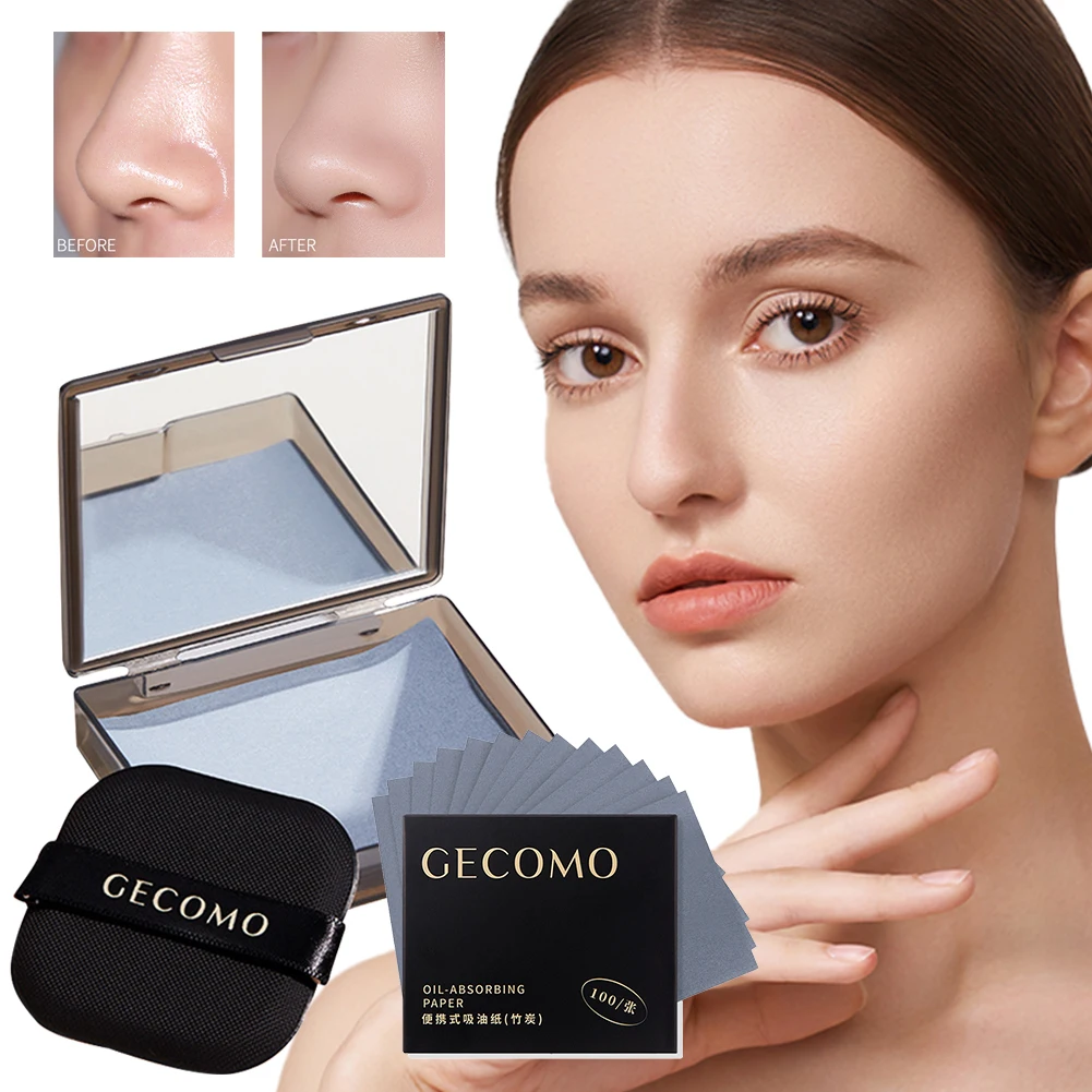 Oil Control Paper with Case & Powder Puff Oil Blotting Papers Bamboo Charcoal Face Blotting Sheets 100 Sheets For Oily Skin
