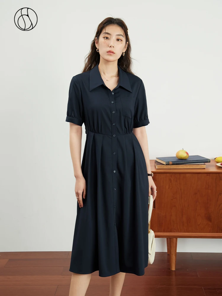 

DUSHU 【With Belt】Women Polo Neck Shirt Dress Navy Blue Office Lady Twill Single Brested Women Long Pleated Dress Drape Dresses