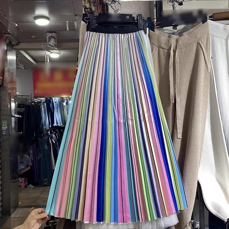 

Pleated Skirts for Women Mesh Rainbow Colorful Striped Gradient Skirt Womens Sweet Longskirts Female Almighty Fashion Dropship