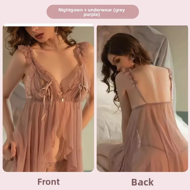 Sexy Lace Mesh Nightgown Women's See through Design Pure Desire Chemise Ultra Thin Strap Sleepwear Comfortable Underwear