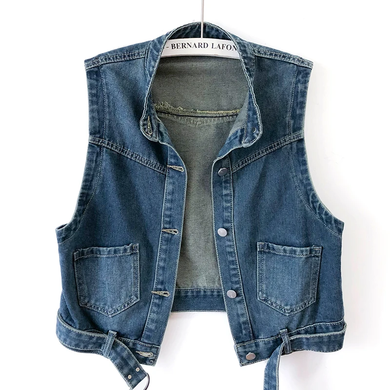 

Vintage Blue Black Stand Collar Big Pocket Denim Vest Women Waistcoat Cowboy Sleeveless Jacket Loose Short Jeans Vests Female