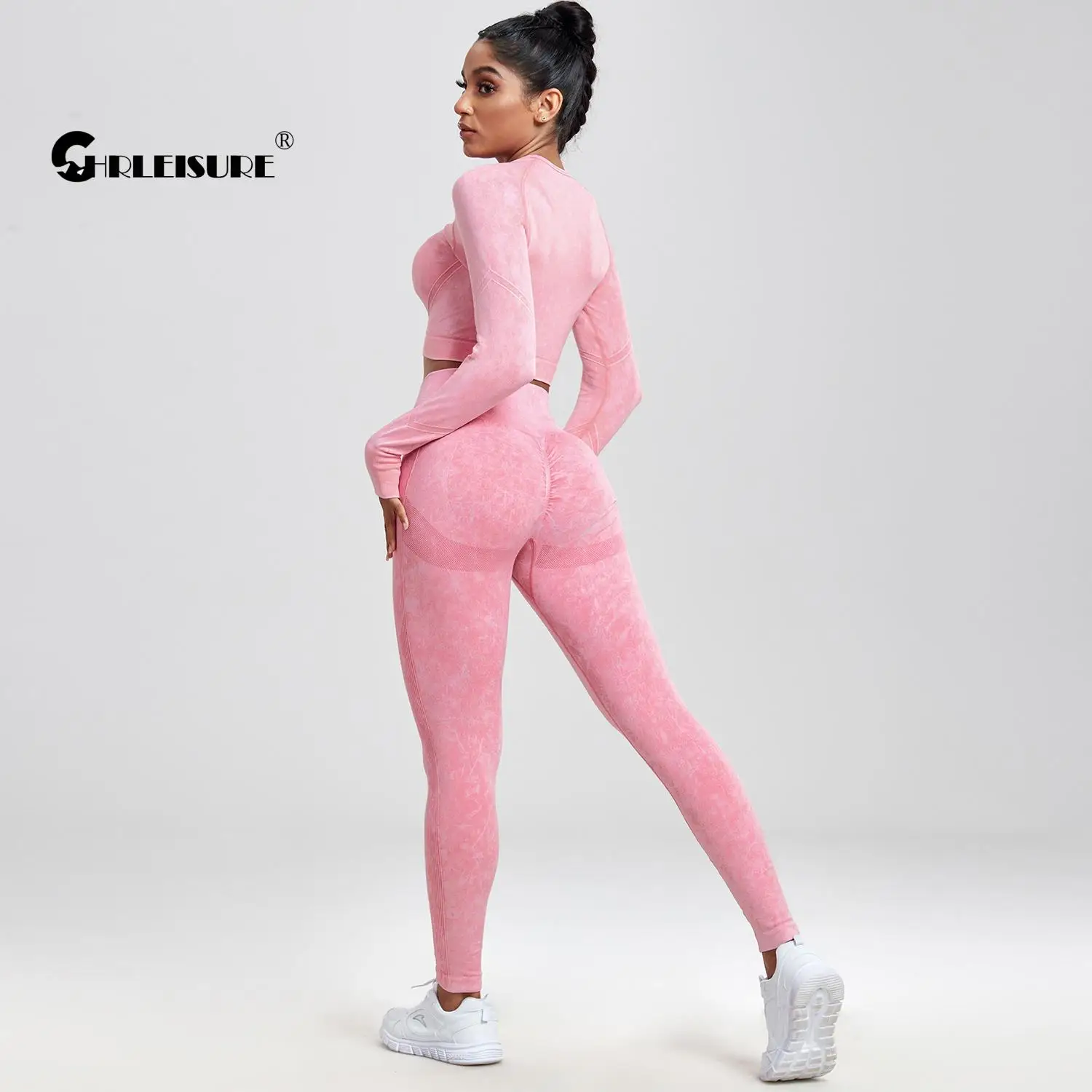 Yoga Set CHRLEISURE 2PCS Seamless Yoga Suits Women Wash Sports Set Long Sleeve Fitness Top with Butt Lift Scrunch Workout Leggings