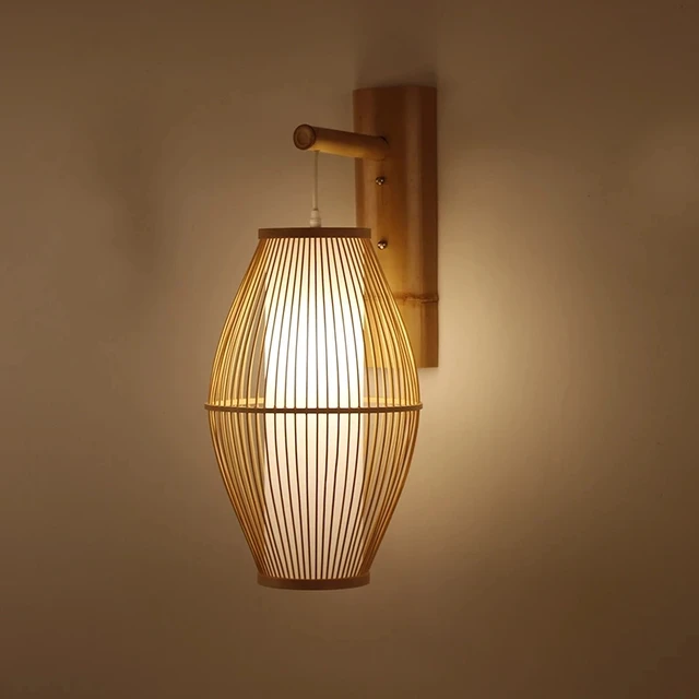 거실 침실용 일본 벽 램프, 찻집 나무 벽 조명, 대나무 위커 등나무 랜턴 갓, 오리엔탈 벽 램프