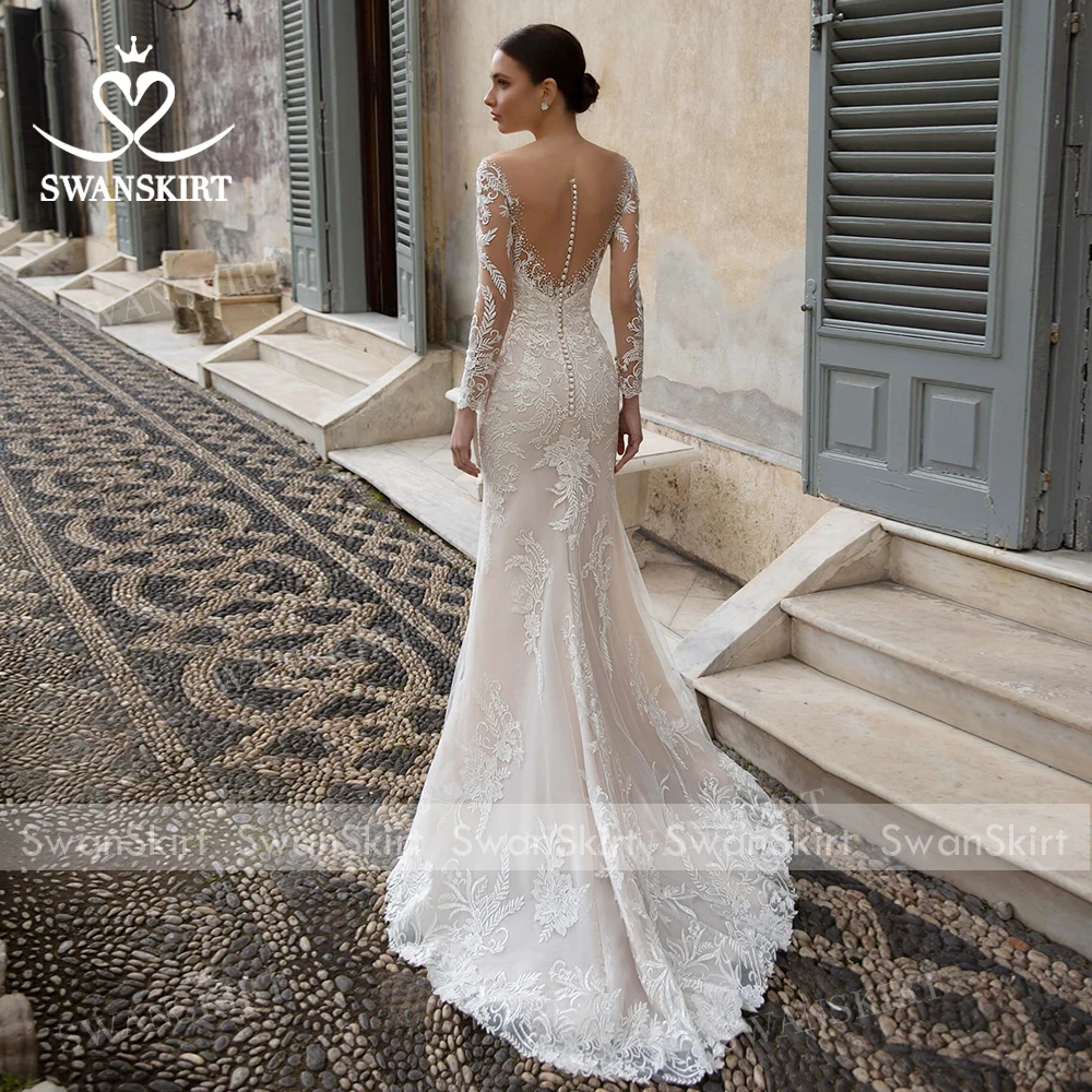 SwanSarah Wedding Dress Long Sleeve Detachable Train Sweetheart Appliques Mermaid Bride Gown customized N384 Vestido De Novia 4