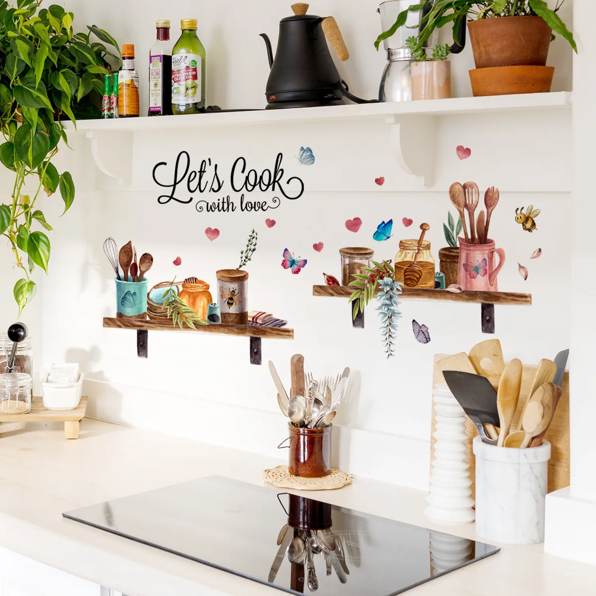 30*60cm English Kitchen Bee Butterfly Cartoon Wall Sticker Classic Background Wall Living Room Bedroom Decoration Sticker wall stickers self adhesive stickers kitchen wall sticker