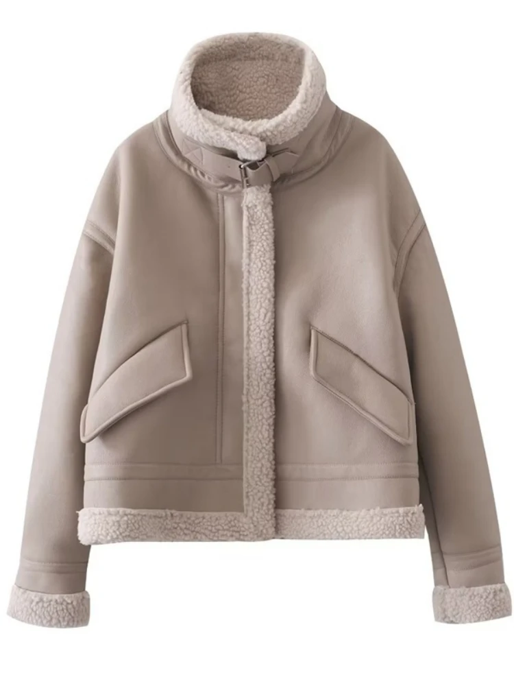 

FTLZZ New Autumn Winter Thick Warm Moto Biker PU Coat Women High Street Fashion Lapel Zipper Faux Leather Lamb Fur Short Jacket