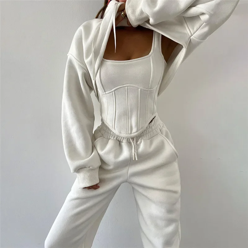 

Casual Women Tracksuit 3 Piece Set Hooded Coat And Tank Top And Long Pants Matching Suit Clothes Outfit
