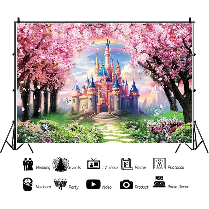 

SHUOZHIKE Happy Birthday Photography Backdrops Castle Fairy Tale Pink Rose Gender Reveal Theme Studio Background Props VV-118