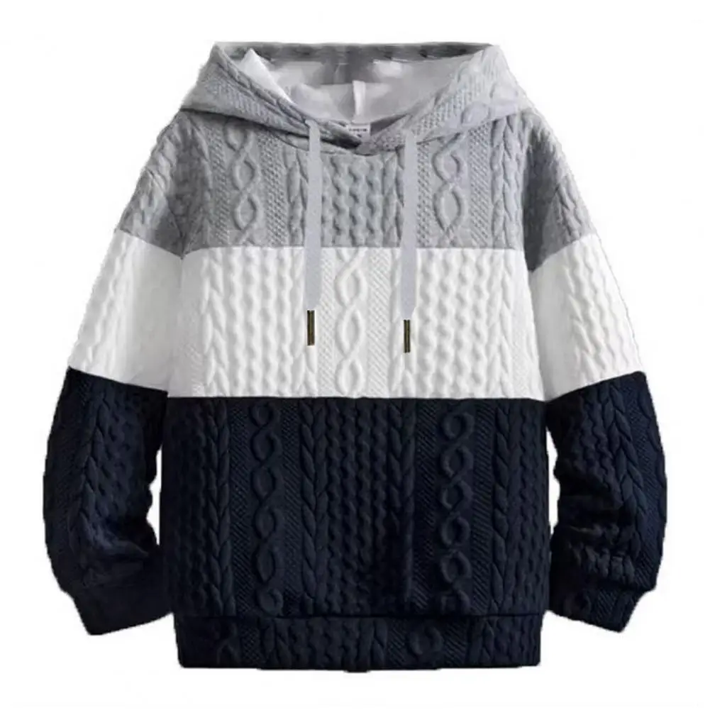 

Men Fall Winter Hoodie Drawstring Applique Colorblock Knitted Elastic Cuff Hooded Thick Warm Loose Soft Warm Casual Men Top