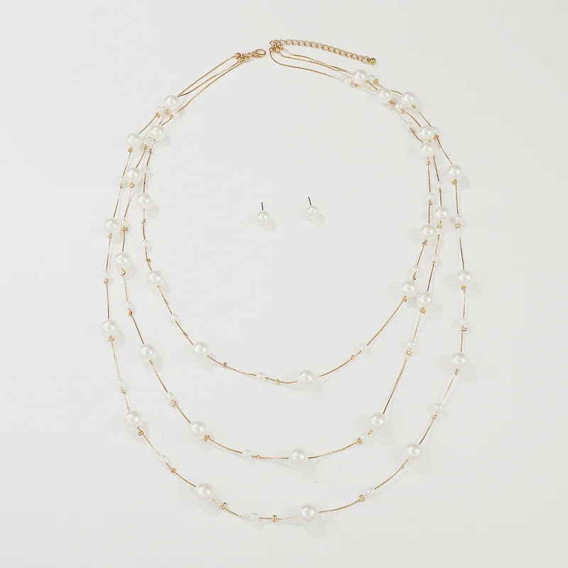 Gold Multi-layer Tassel Women's Necklace Lmitation Pearl Earrings Luxury Cold Style Clavicle Chain For Women Jewelry Accessories