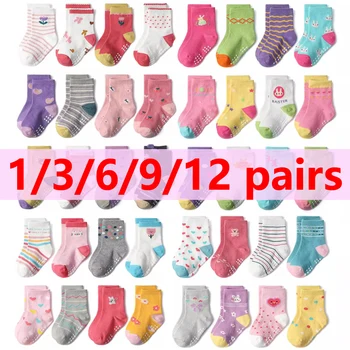 1/3/6/9/12 Pairs Kids Socks Sets for Baby Girls Cotton Non-slip Cute Cartoon Patterned Breathable Baby Trampoline Floor Socks 1