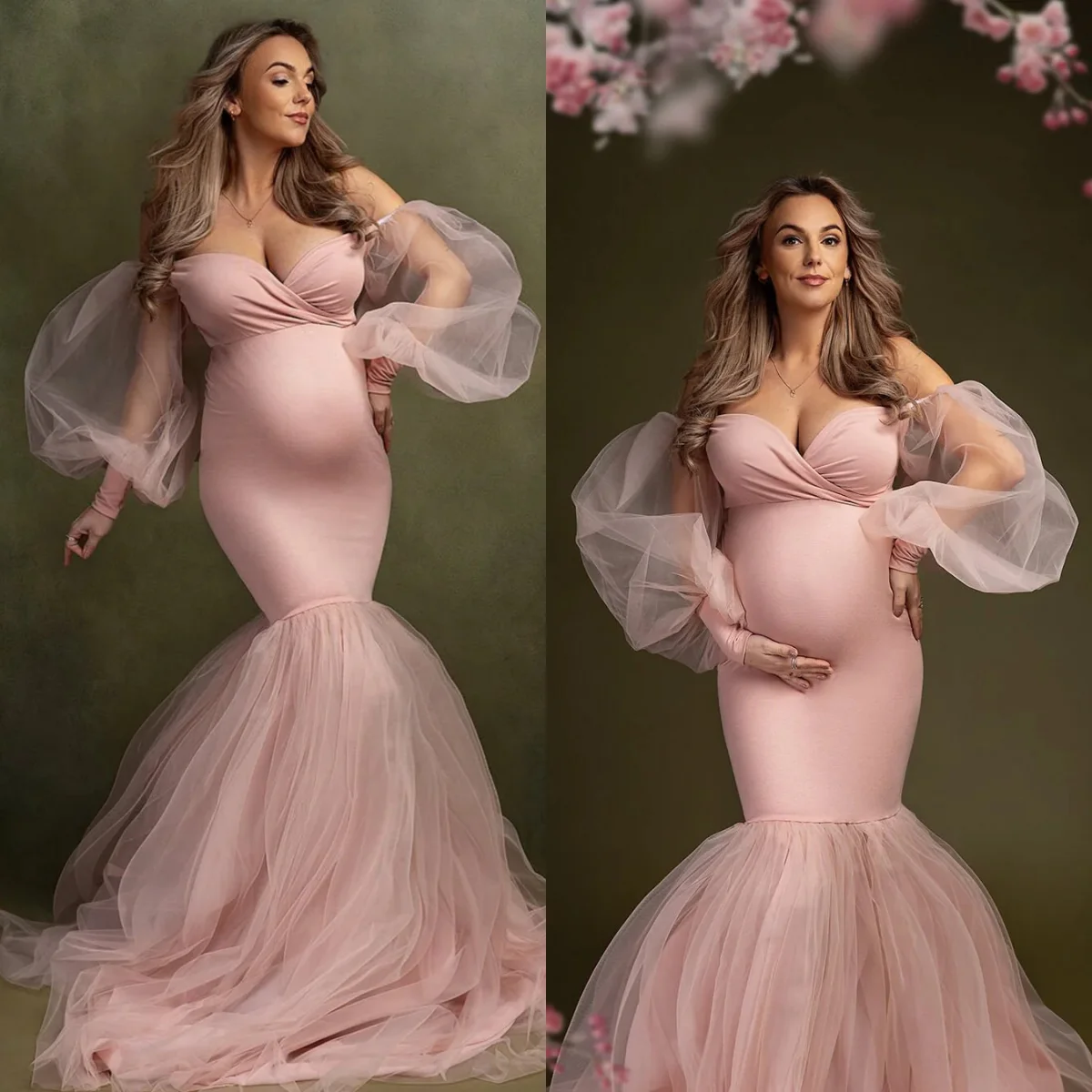 

Illusion Mermaid Maternity Dress For Woman Sweetheart Off Shoulder Sheer Long Sleeves Babyshower for Pregnant Photography Gowns