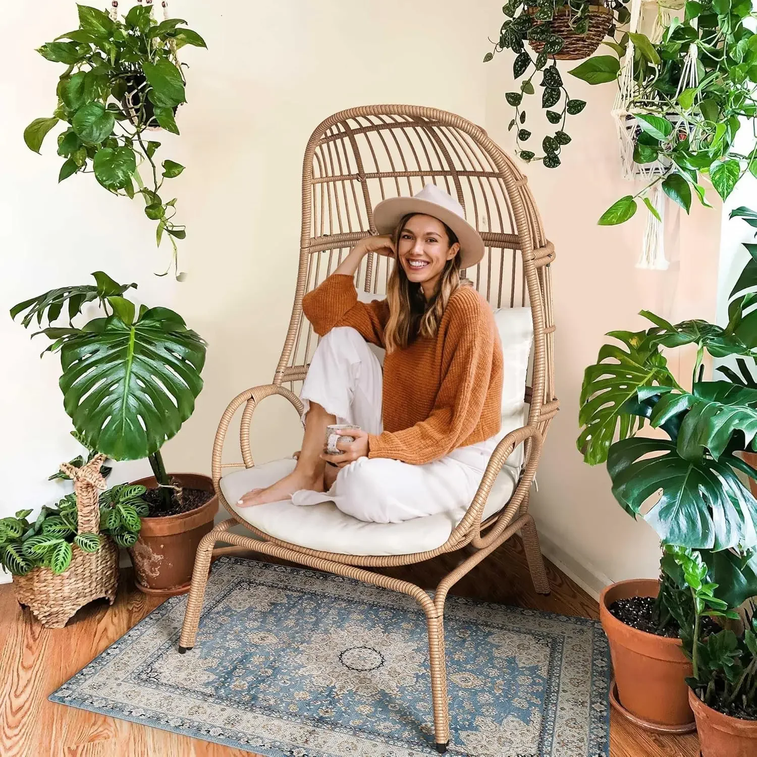 Rattan Basket Chair with 370lbs Capacity Indoor Egg Chairs with Stand & Cushion Cocoon Chair for Bedroom, Patio, Balcony - Beige 2