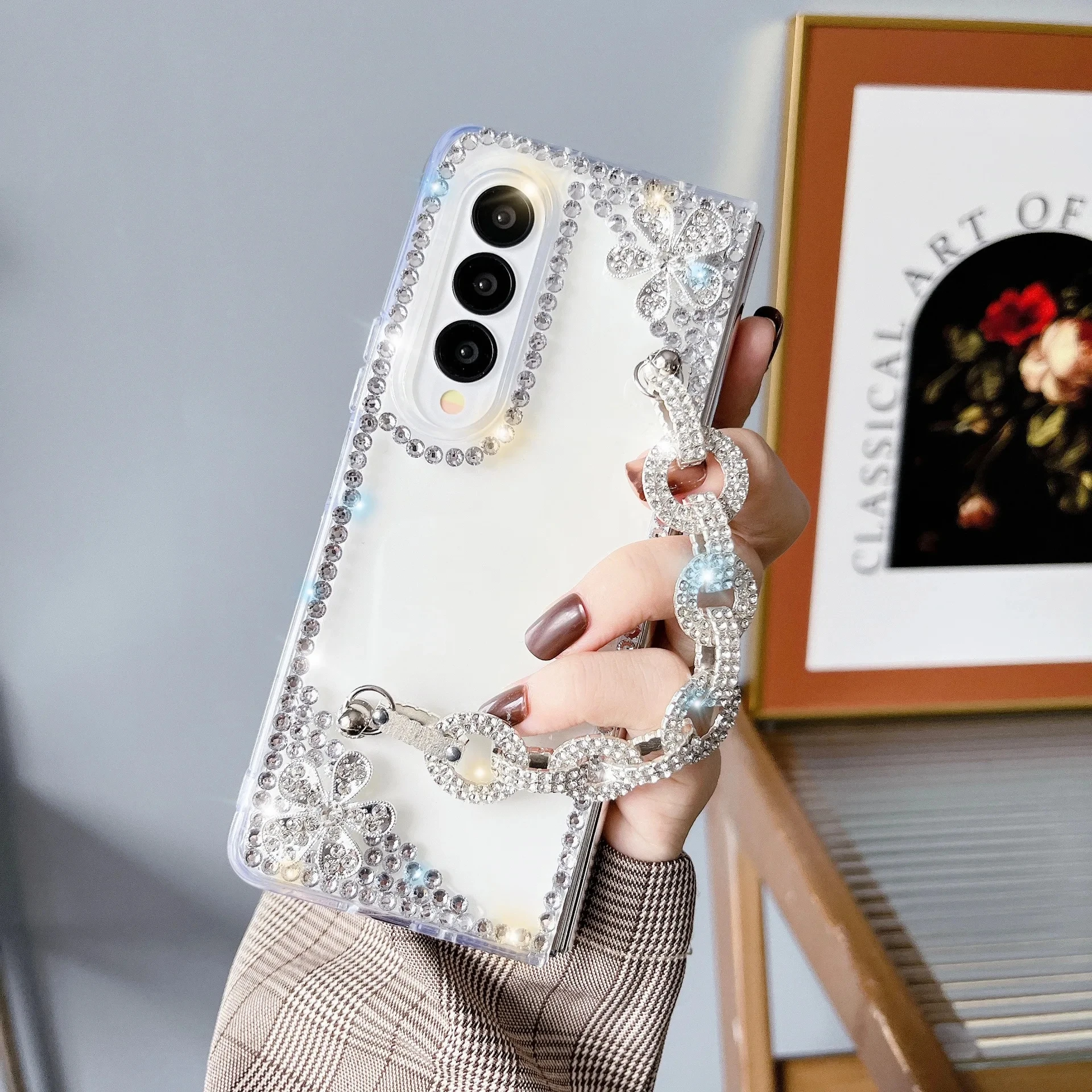 „Samsung Galaxy Z Fold 4 3 2“ dėklas moterims, prabangus rankų darbo blizgantis perlų dirželio grandinėlės deimantinis blizgučių dėklas „Z Fold 5 6“._voghion.com