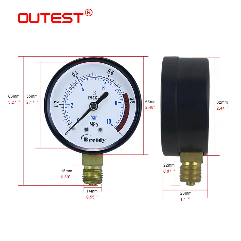 OUTEST 0-60Mpa Radial/Axial Diameter 60mm Pressure Gauge Hydraulic Water Oil Air Stainless Steel Ordinary Thread G1/4 images - 6