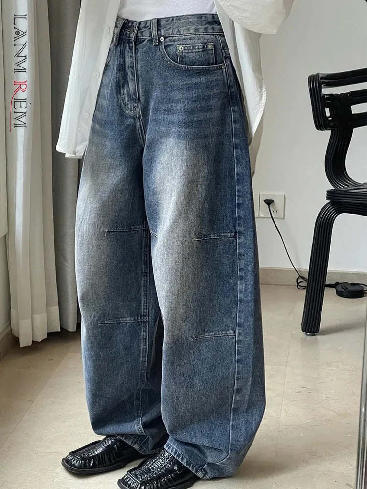 

LANMREM Designer Washed Jeans For Women Dark Blue High Waist Wide Leg Denim Pants Streetwear Trousers 2024 Summer New 26D8858