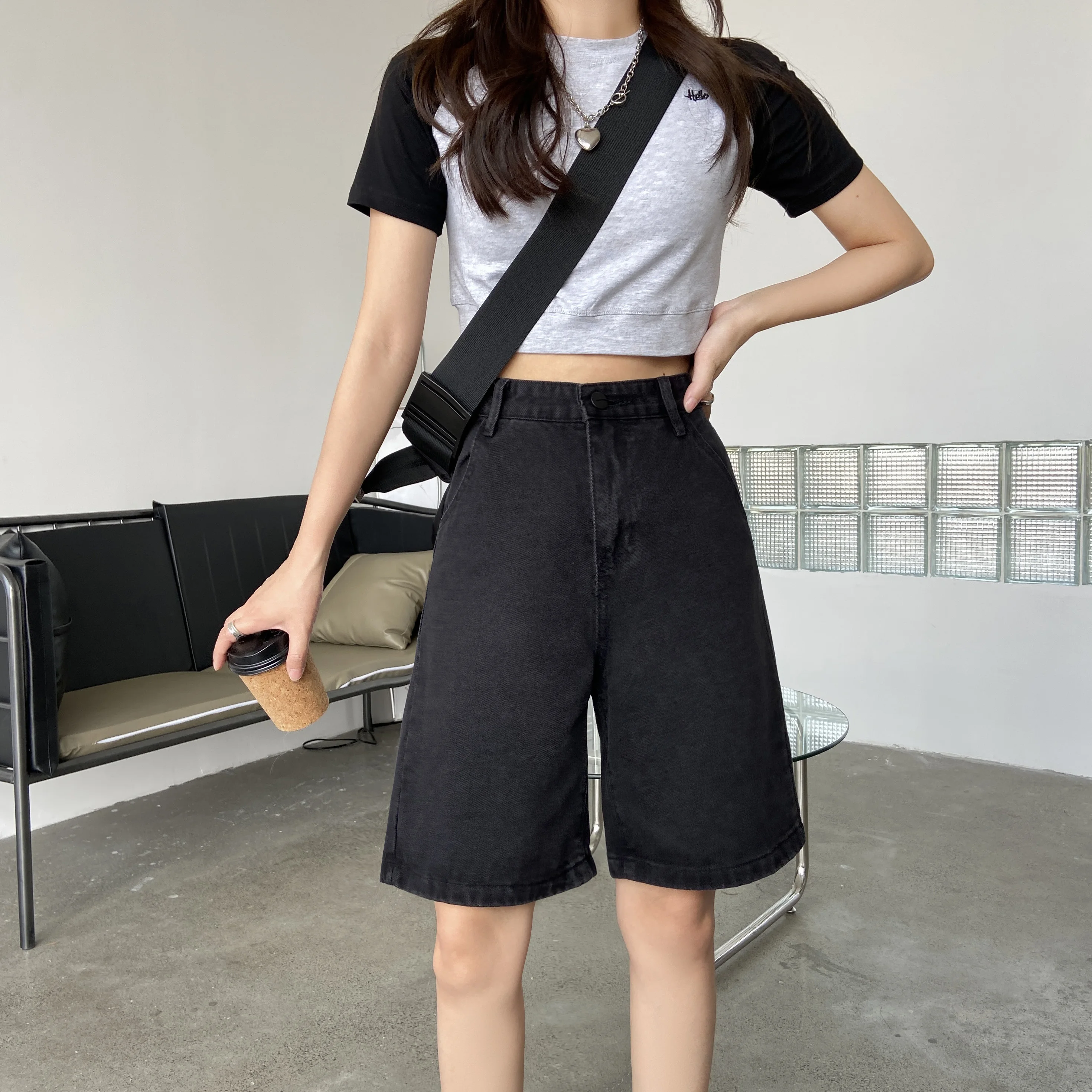 Ailegogo New Summer Women High Waist Wide Leg Black Denim Shorts Casual Female Loose Straight Button Jeans Bermuda Shorts nike shorts