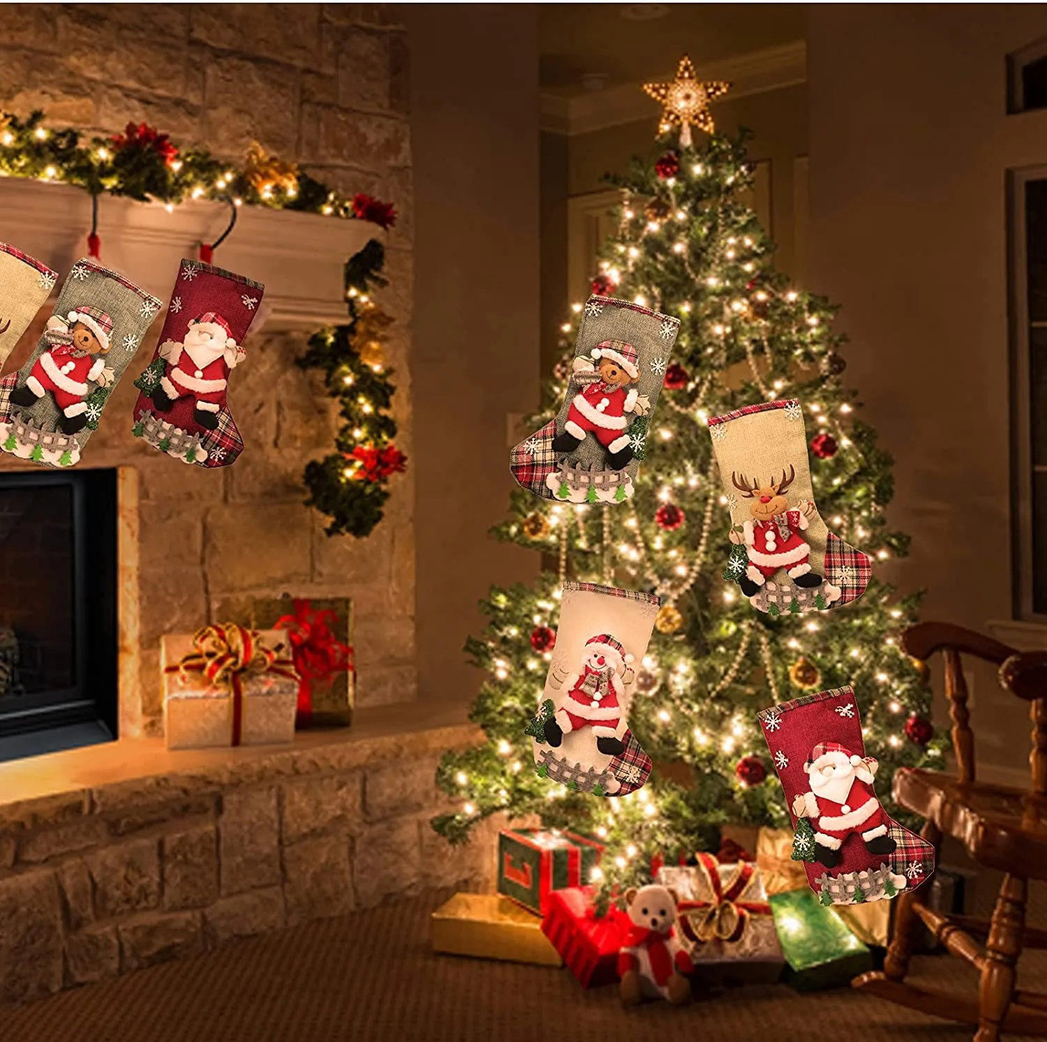 Christmas Stockings Gift Candy Bag Snowman Santa Elk Pattern 4pc for Xmas Tree Hanging Party Home Fireplace