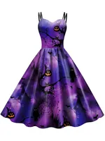 Spaghetti Strap Vintage Halloween Dresses for Women Elegant Print Sleeveless Party Costumes