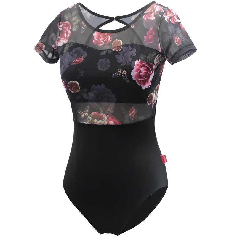 Women Ballet Leotards Backless Short Sleeve Floral Printing Patchwork Leotard Adult Girls Skate Pole Dancing Bodysuit Swimwear ballet leotard dance leotard