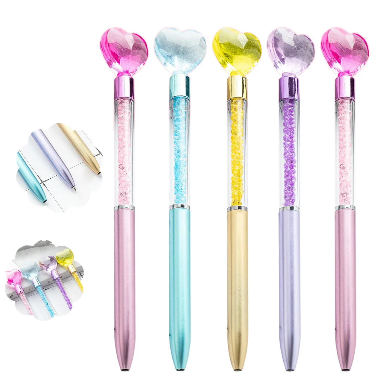 귀여운 러브 하트 볼펜, 검정 잉크 크리스탈 퀵샌드 드릴 볼펜, 회전 학교 사무용품, 0.7mm, 8 개/로트