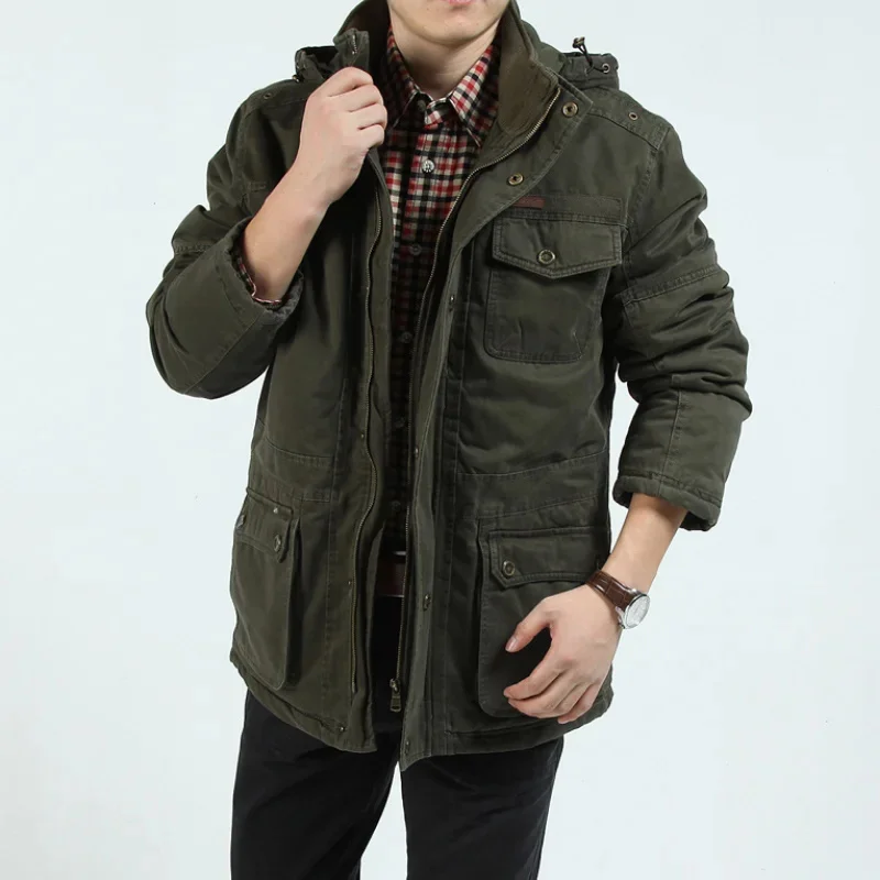 

Plush Jacket for Men Medium Long Winter Coat Military Large Size Cotton Padded Male Casual Hooded Parkas Ropa Hombre
