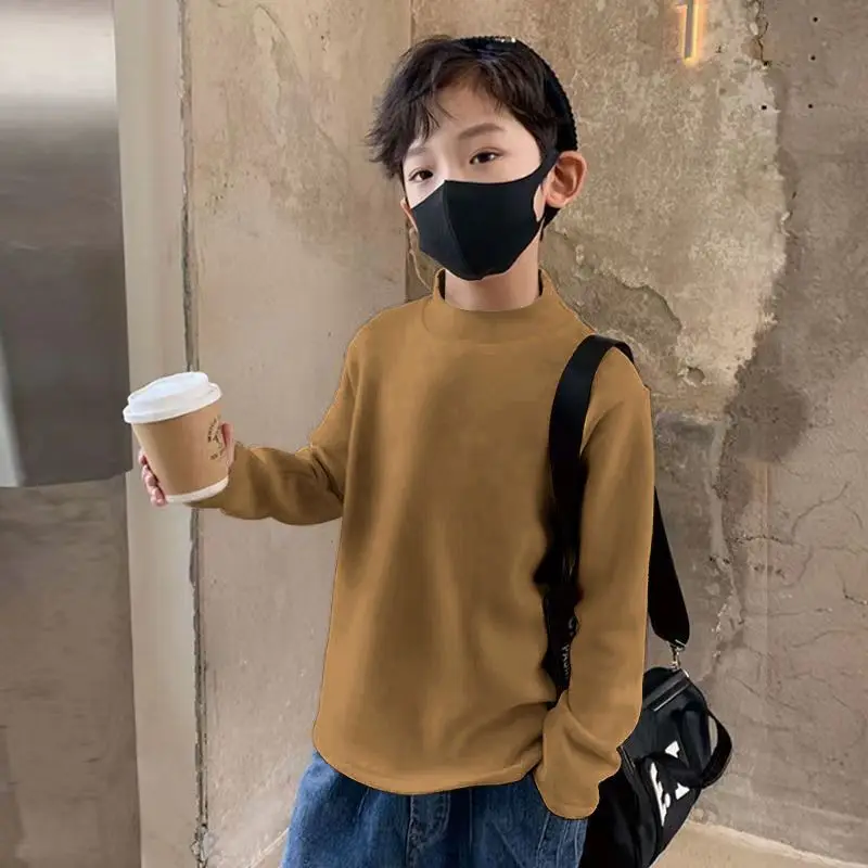 New Baby Boys T shirt Fashion Autumn Winter Solid Thermal Long Sleeve Casual High Collar Thin Velvet Heating Tops 6 8 10 12 Year 3