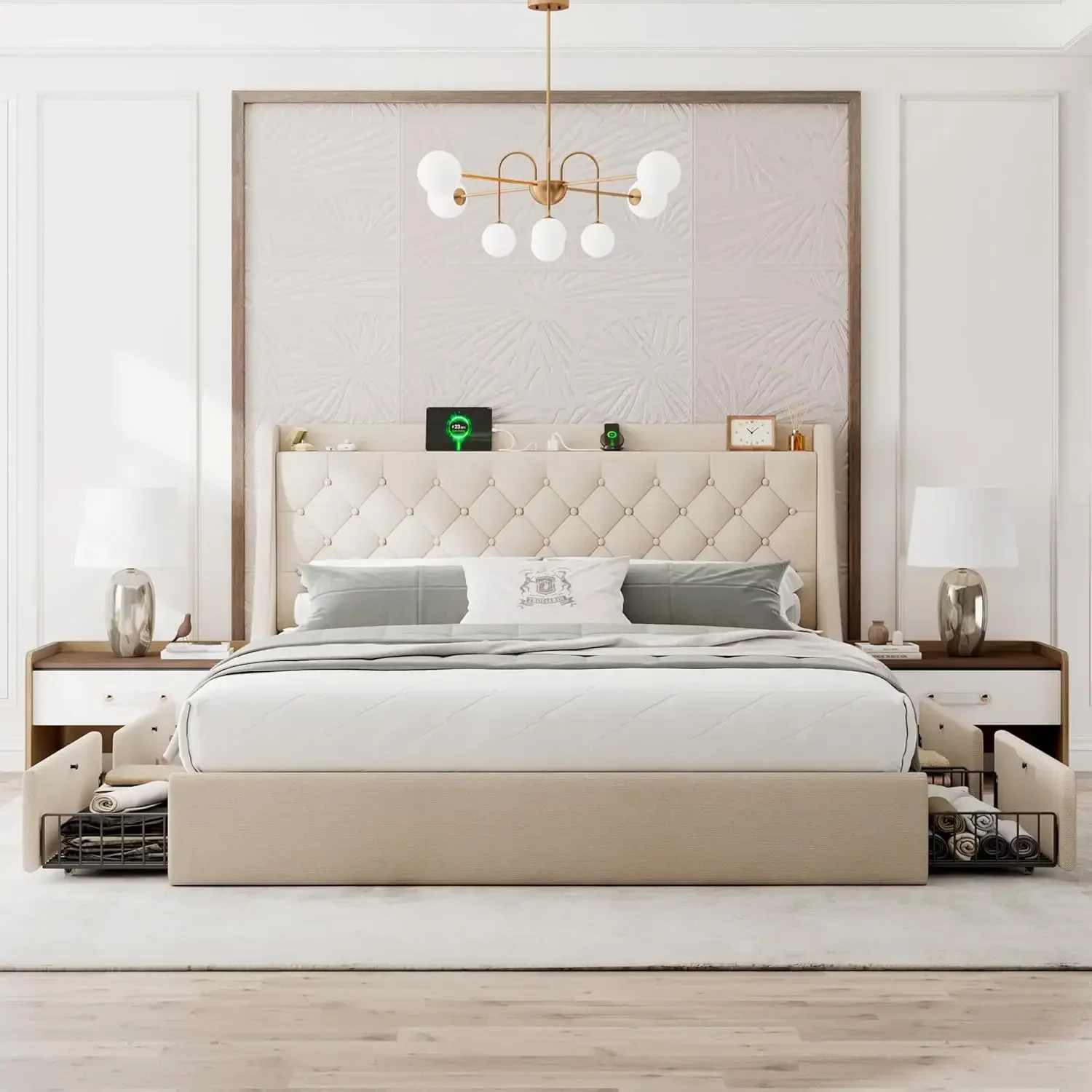 Upholstered King Size Bed Frame with 4 Storage Drawers, Platform Bed Frame with Wingback Headboard, Charging Station, Beige 3