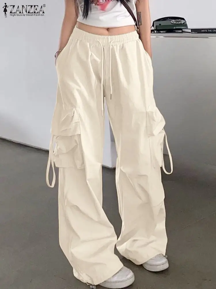 

2023 ZANZEA Women Autumn Solid Loose Long Pants Casual Vintage Elastic Waist Pockets Pantalon Streetwear Fashion Cargo Trousers