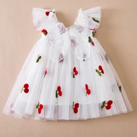 Cute Baby Girl Clothes Embroidery Cherry Strap Dress with Butterfly Wings Birthday Party Tulle Dress Infant Summer Casual Wear 2