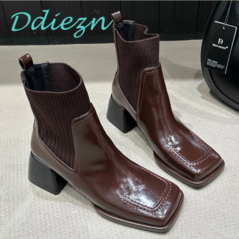 

Ankle Boots Square Toe Shoes For Women Thick-Heeled Slip-On Ladies Footwear Elegant Fashion Short Female Modern Booties
