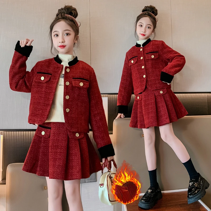 

Autumn Winter Piece Dress Set Children's Girls Jacket Coat and Pleated Skirt 2pcs JK Outfits Kid Girl Clothes Top Pant Suit