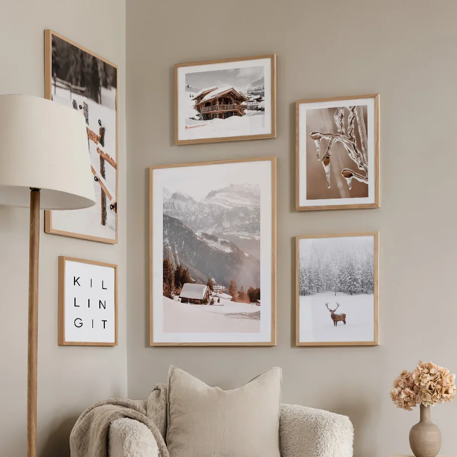 Snow Pine Deer Mountain House Volpe Scoiattolo Dente Di Leone Pianta Inverno Wall Art Canvas Painting Poster Stampa Immagini Decorazione Della Casa