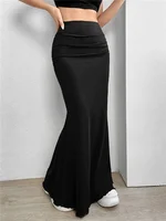Solid Bodycon Ruched Long Skirt Women Sexy Black Elastic Elegant High Waist Mermaid Maxi Skirts Summer Streetwear - Image 2