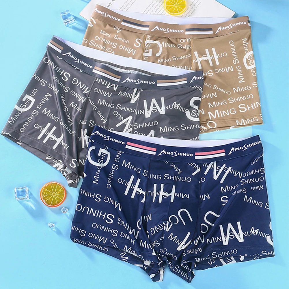 

Mens Ice Silk Underwear Letter Print Boxer Briefs Shorts Breathable Boy Sissy Pouch Underpants Man Lingerie Bottoms Trunks