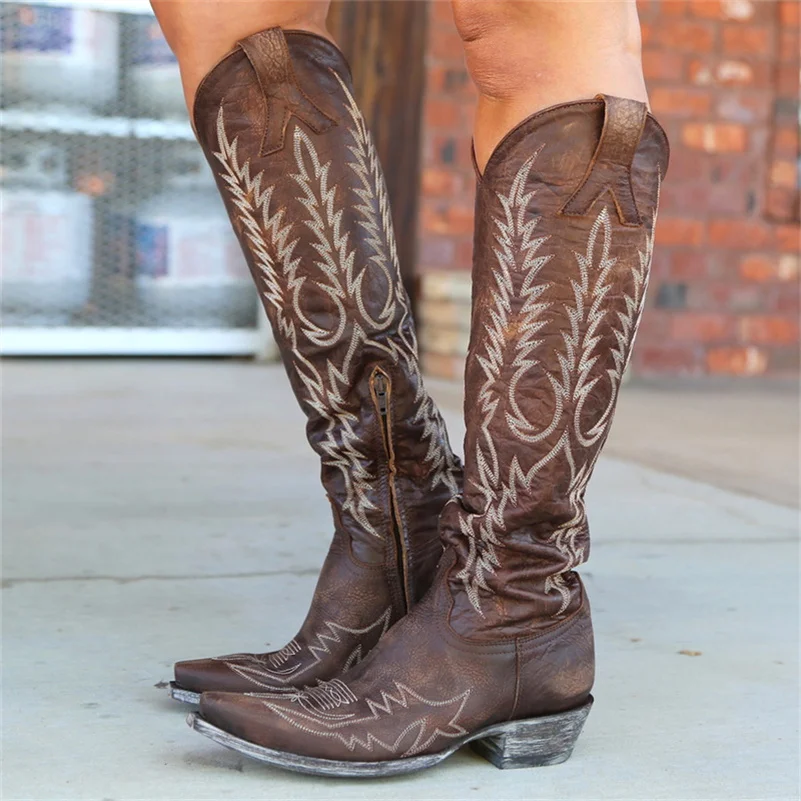 

Women Embroidered Boots 2022 Designer Luxury Winter Casual Middle Heel Women Shoes 40-43 Elegant Pointy Lady Knee High Boots