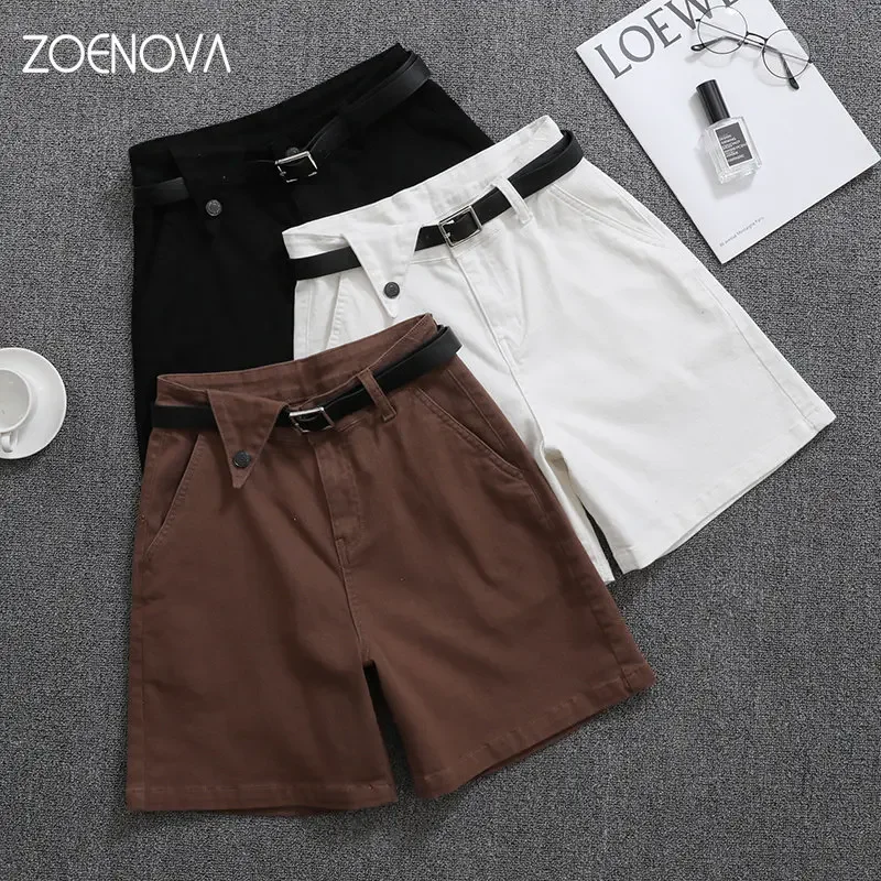 

ZOENOVA 2023 Summer Stretch Women's Korean Version Five Point Biker Shorts Jeans Casual Pants Belt Loose Button Fly Denim Y2K