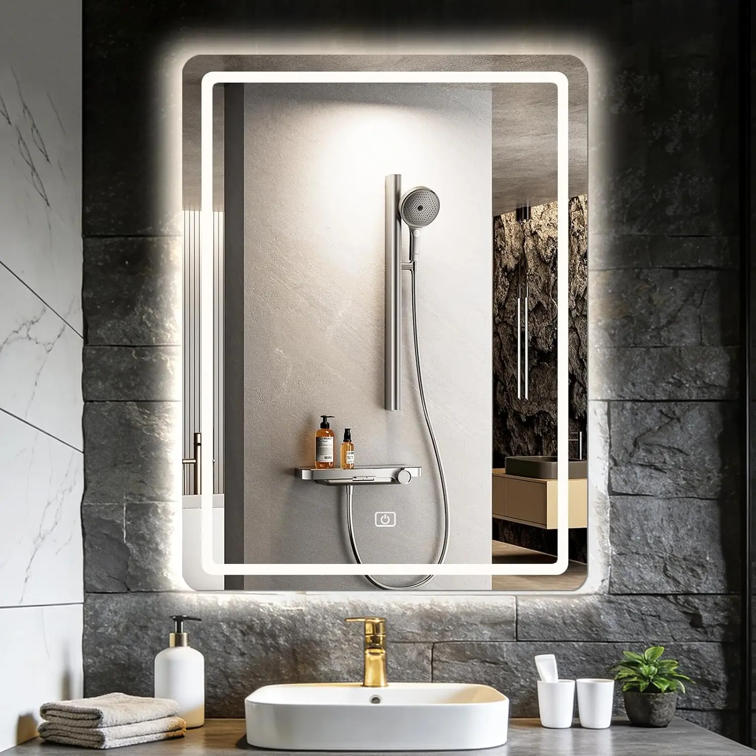 Square Mirror with Led Light, 3 Lighting Tones, Smart Touch, 4mm Explosion-Proof, Bathroom, Bedroom