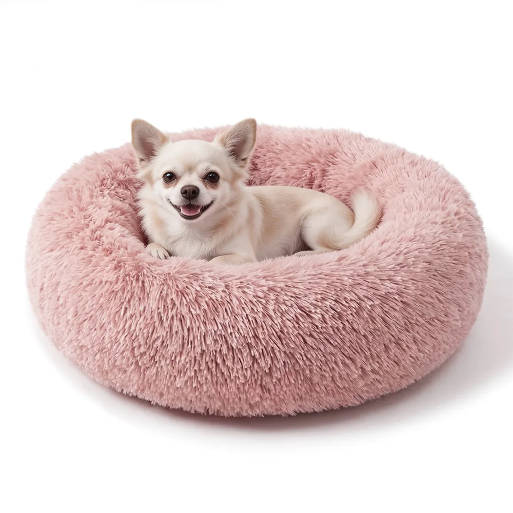 Soft Pet Cat Bed Pad Plush Warm Faux Fur Dog Calm Bed Donut Round Bed Comfortable Sleeping Washable for Small Medium Dog and Cat