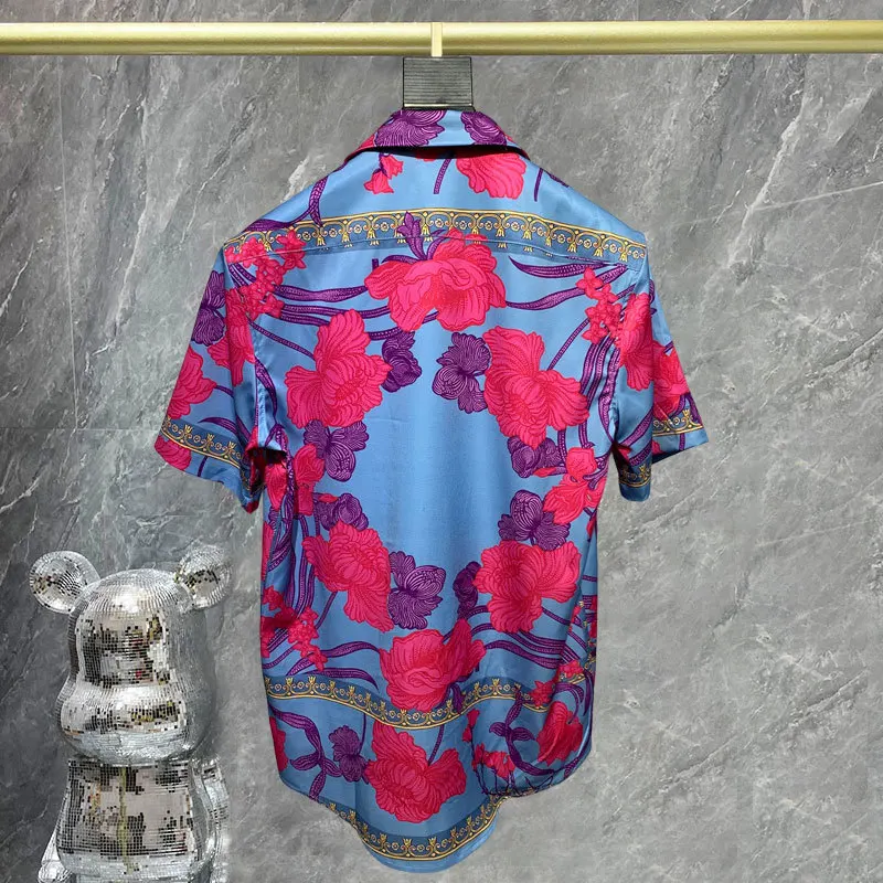 Retro Court Color Contrast Printing Shirt Men Short Sleeve Streetwear Summer Hawaiian Casual Shirt Men High Street Chemise Homme
