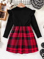 Printemps et automne enfants mignon mode robe filles décontracté couleur unie col rond aile manches chemise rouge jupe à carreaux robe de cérémonie s 2