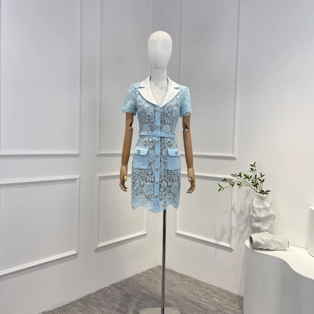 

2023 New Blue Spring Summer High Quality Vintage Hook Flower Hollow Belt Short Sleeve Sexy Bodycon Woman Dress