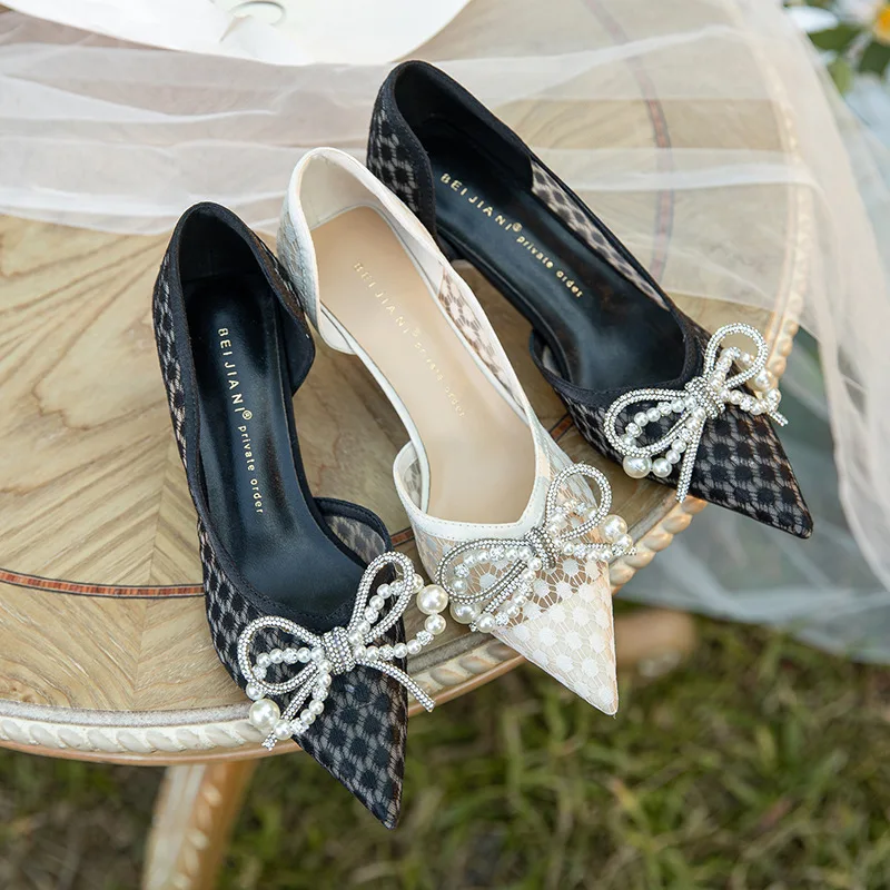 

New Mesh Luxury Diamond Bow Style High Heel Shoes Women's Thin Heel Pointed Side Air Single Shoes Fairy Style