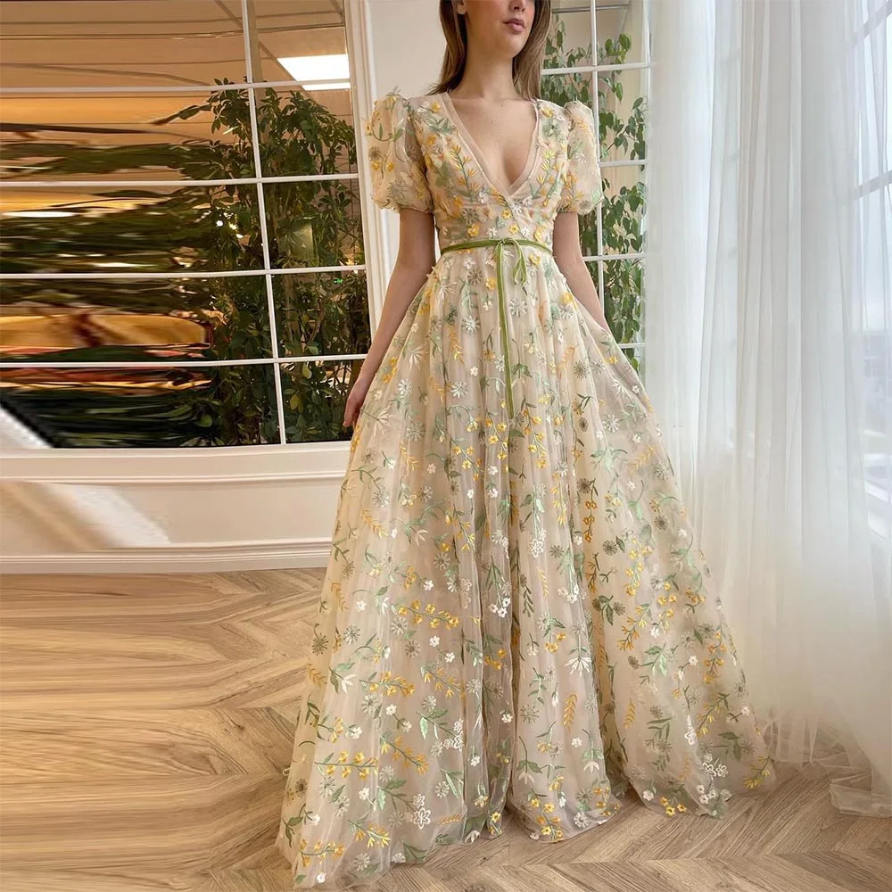 

Sevintage Floral Embroidery Lace Appliques Butterfly Prom Dresses V-Neck Short Sleeves A-Line Evening Gowns Formal Party Dress