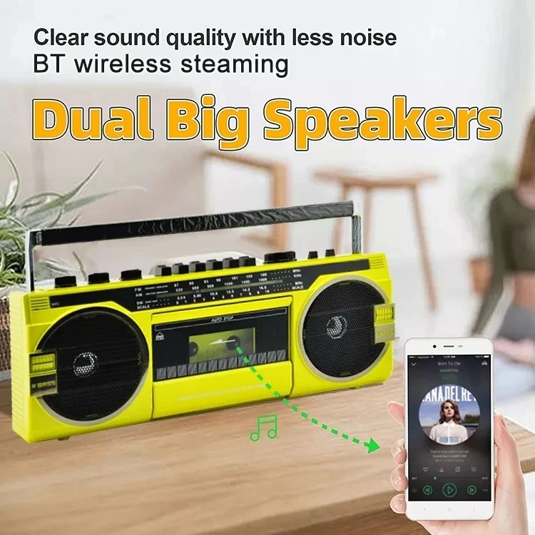 Altavoz de Radio FM portátil, grabadora de cinta Retro, reproductor de  música inalámbrico Bluetooth 5,0, Radio multibanda para exteriores  AM/FM/USB MP3 Boombox