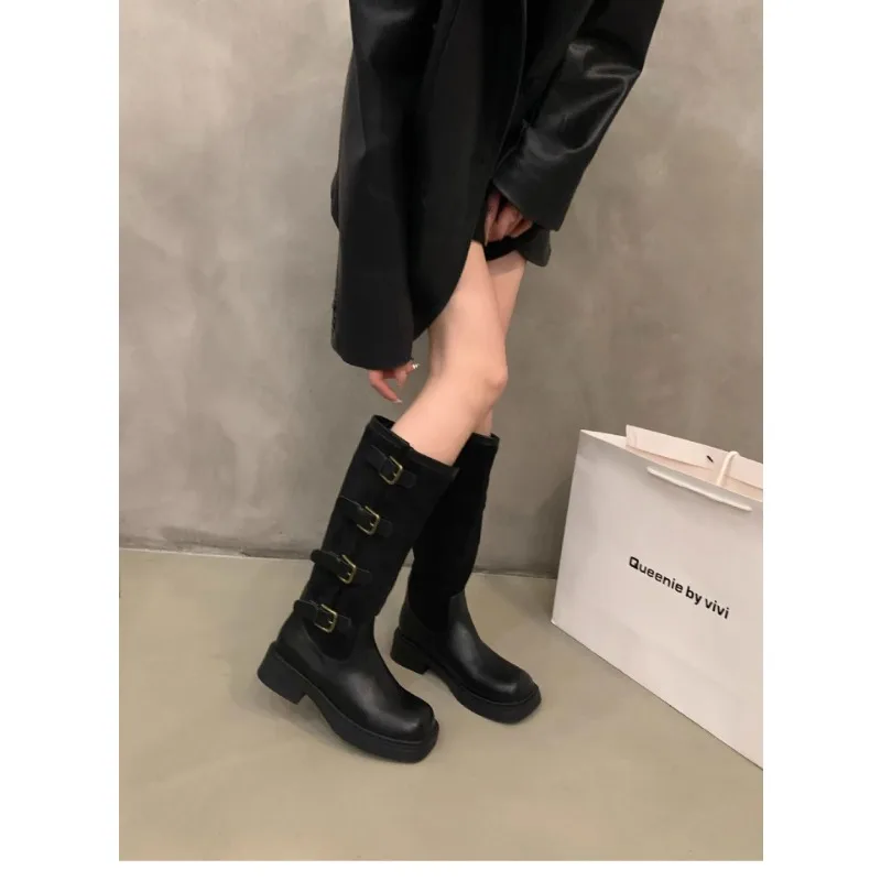 2023 New Retro Suede Boots Women Thick Bottom Brown Long Knight Boot Chic Demi-season Brown Autumn Footwear Ladies